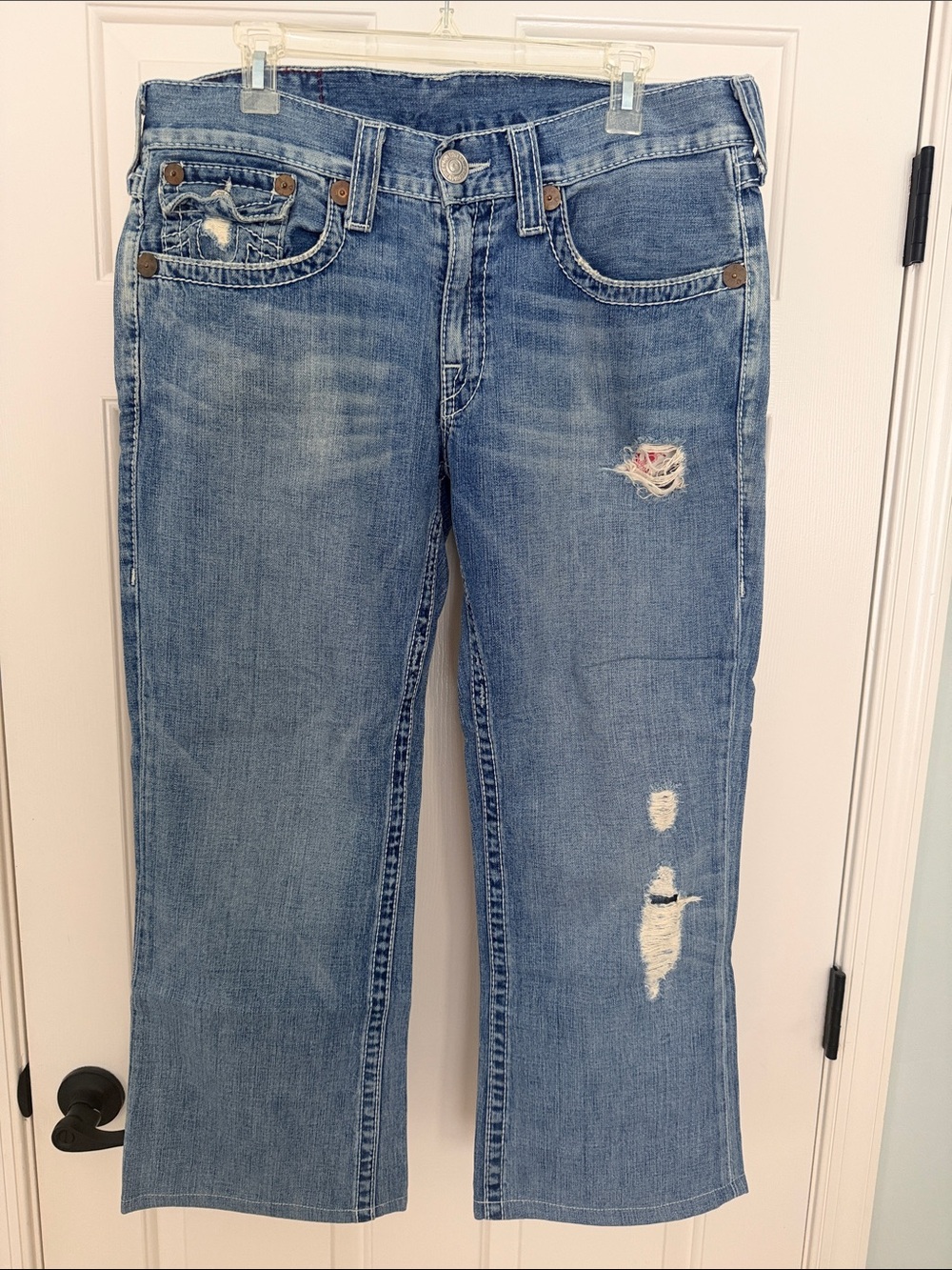 True Religion Light Blue Distressed Bootcut Jeans